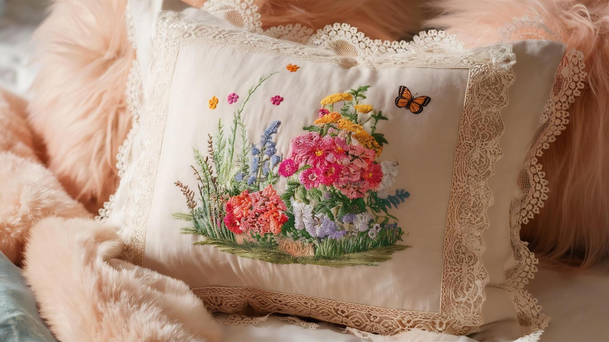 Embroidered linen cushion with floral motif