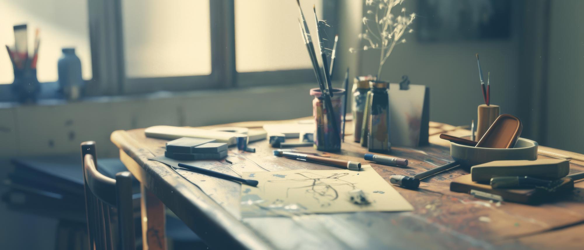 Studio workspace with sketches and threads