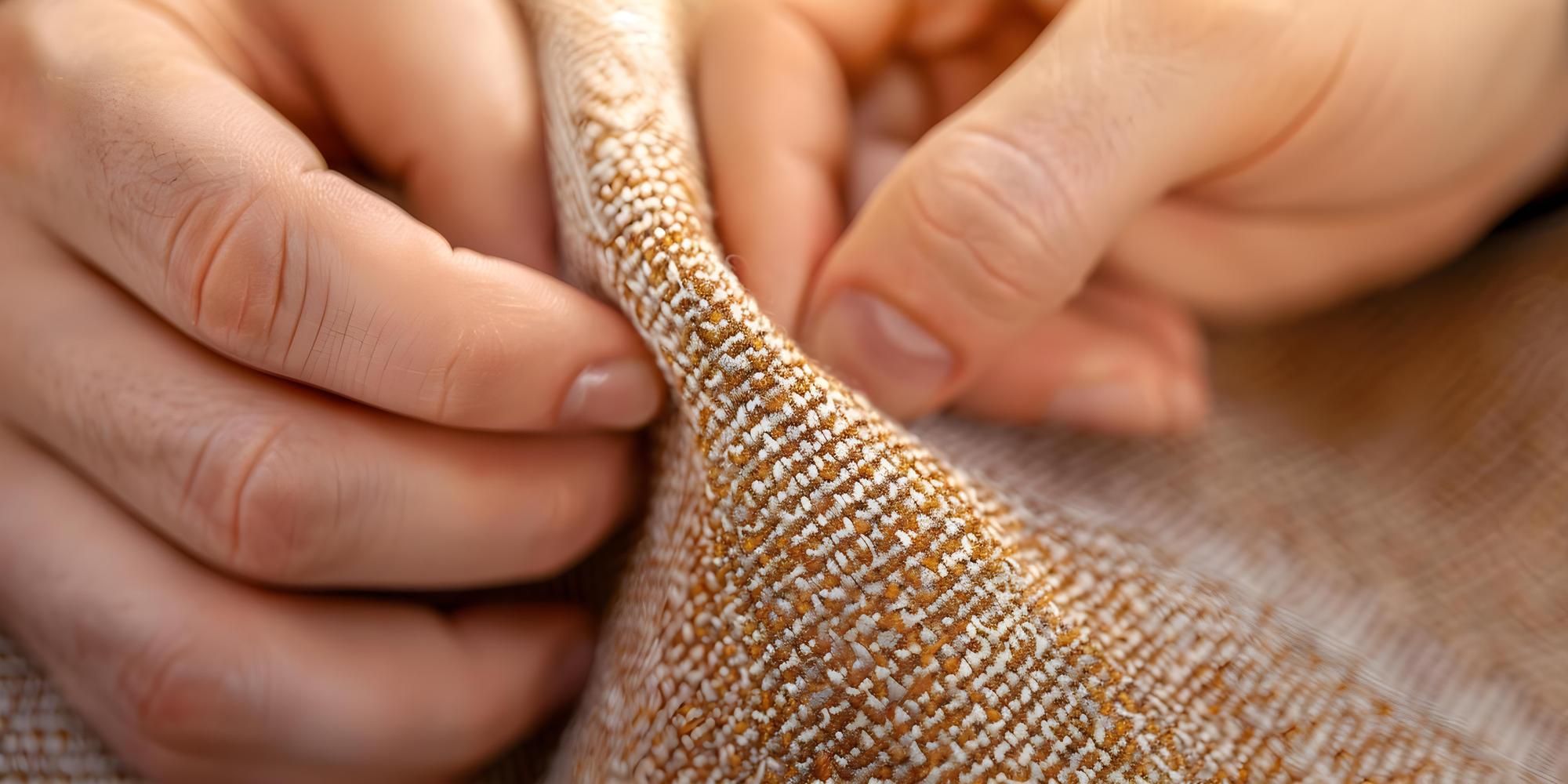 Close-up of hand embroidery on linen with warm tones